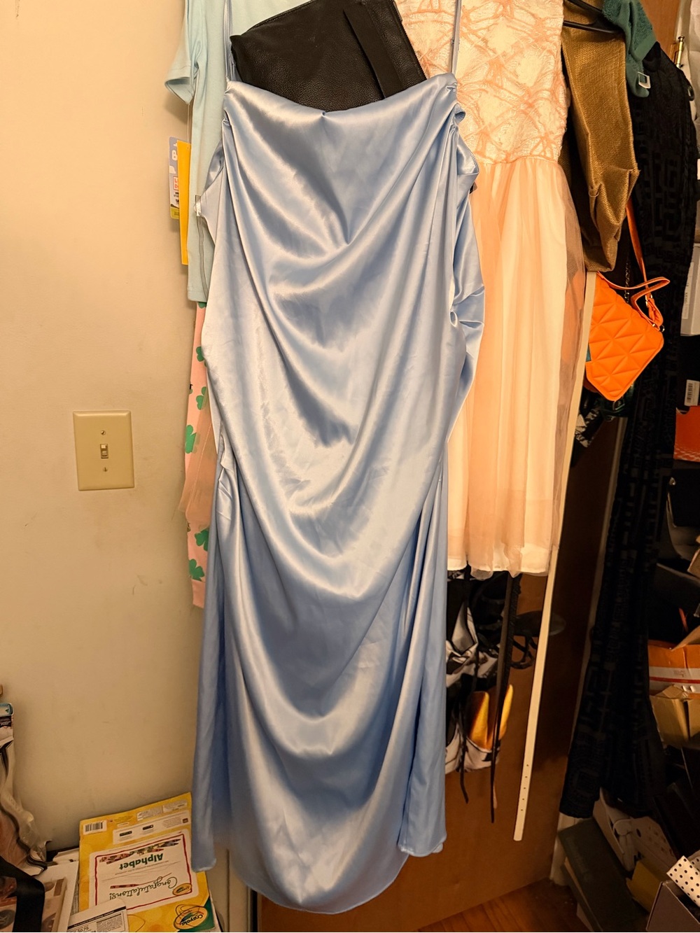 Fashion Nova Light Blue Satin Draped Maxi Dress